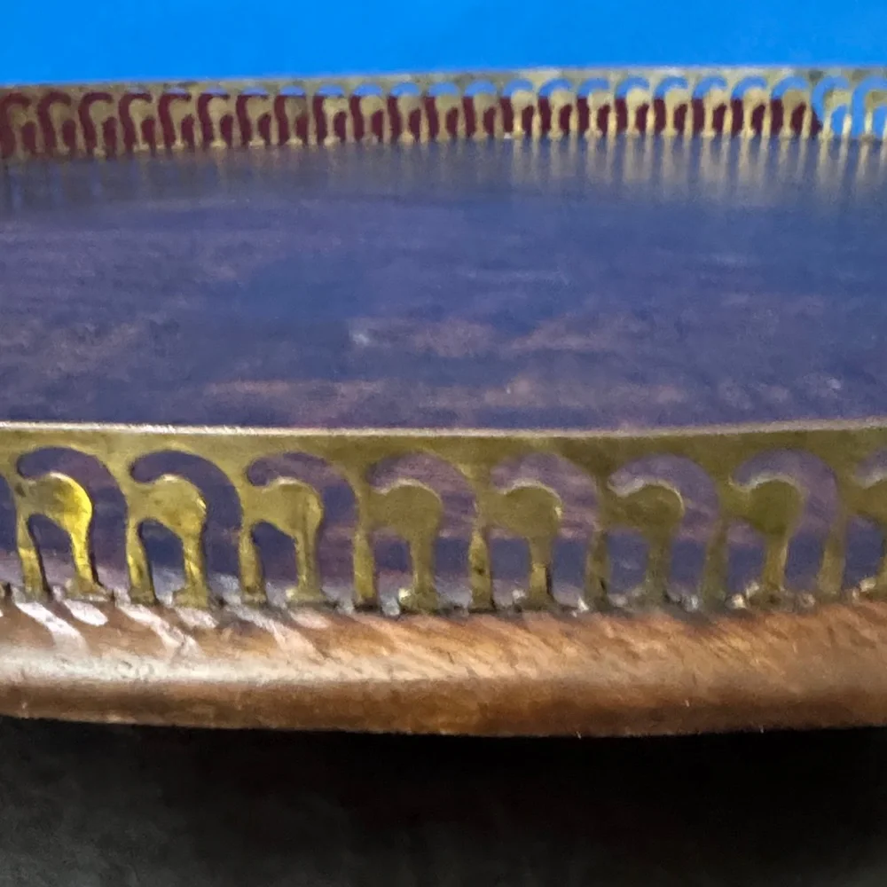 MCM Art Deco Style Large 23.5”x 16” Oval Decorative Rail Edge Wooden Tray